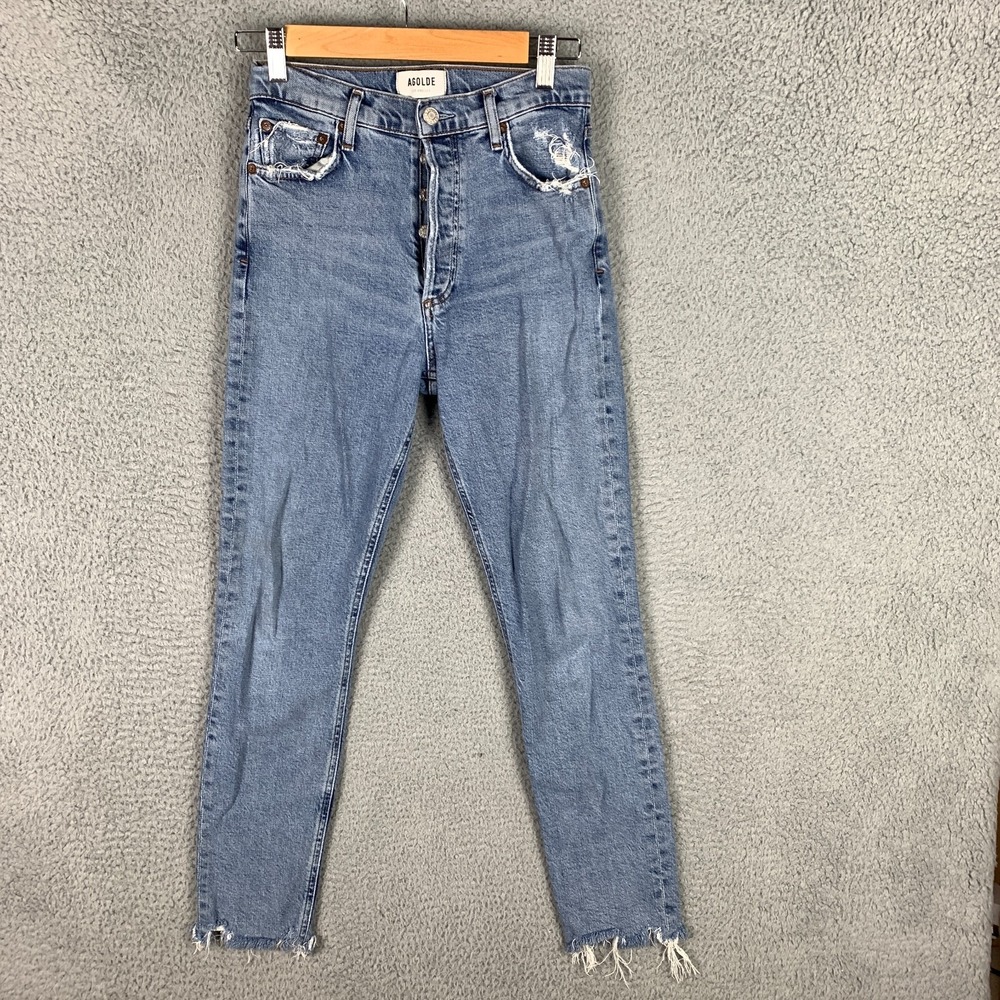 Agolde Nico‎ Jeans Women's 25 Rooted Blue High Rise Slim Fit Distressed Raw Hem